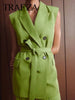 TRAF ZA Green Chic Double Breasted Sleeveless Long Suit Vest Top Premium Belt Waist Slim Singles Women's Clothing New