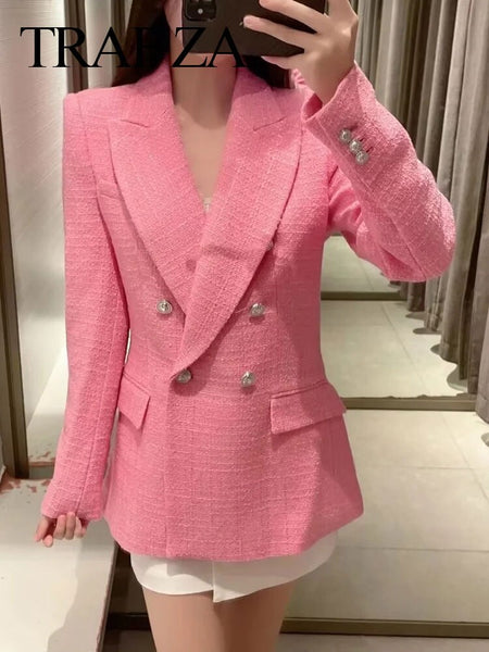 TRAF ZA Elegant Woven Office Commuter Casual Straight Fit Women's Blazer Pink Sweet Double Breasted Ladies Blazer