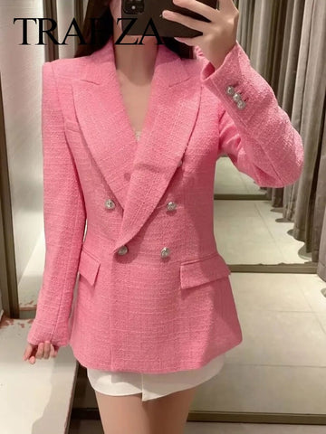 TRAF ZA Elegant Woven Office Commuter Casual Straight Fit Women's Blazer Pink Sweet Double Breasted Ladies Blazer