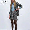 TRAF ZA Suits With Skirt Tweed Plaid Texture Double Breasted Jacket Elegant High Waist Skirt Female Suit Office Lady