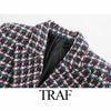 TRAF ZA Suits With Skirt Tweed Plaid Texture Double Breasted Jacket Elegant High Waist Skirt Female Suit Office Lady