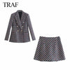 TRAF ZA Suits With Skirt Tweed Plaid Texture Double Breasted Jacket Elegant High Waist Skirt Female Suit Office Lady