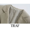 TRAF ZA Women 2023 Commute Beige Linen Cropped Blazer Elegant Chic Office Business Suit Jacket Single Button Ladies Short Coat