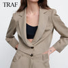 TRAF ZA Women 2023 Commute Beige Linen Cropped Blazer Elegant Chic Office Business Suit Jacket Single Button Ladies Short Coat