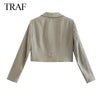 TRAF ZA Women 2023 Commute Beige Linen Cropped Blazer Elegant Chic Office Business Suit Jacket Single Button Ladies Short Coat