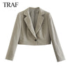 TRAF ZA Women 2023 Commute Beige Linen Cropped Blazer Elegant Chic Office Business Suit Jacket Single Button Ladies Short Coat
