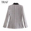 TRAF ZA Women's Coat Classic Double Breasted Plaid Texture Notched Blazer Long Sleeve Top Office Lady Elegant Jacket