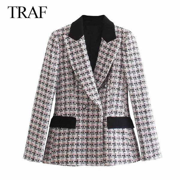 TRAF ZA Women's Coat Classic Double Breasted Plaid Texture Notched Blazer Long Sleeve Top Office Lady Elegant Jacket