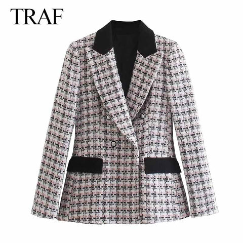 TRAF ZA Women's Coat Classic Double Breasted Plaid Texture Notched Blazer Long Sleeve Top Office Lady Elegant Jacket