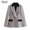 TRAF ZA Women's Coat Classic Double Breasted Plaid Texture Notched Blazer Long Sleeve Top Office Lady Elegant Jacket