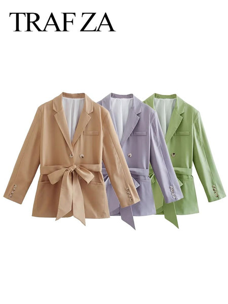 TRAF ZA Women's Belt Blazer Coats Double Breasted Elegant Solid Long Sleeve Slim Fit Jackets Female Casual Streetwear