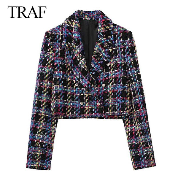 TRAF ZA Women's Office Plaid Lapel Long Sleeve Double Breasted Women's Blazer Autumn Elegant Retro Suit Long Sleeve Suit
