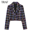 TRAF ZA Women's Office Plaid Lapel Long Sleeve Double Breasted Women's Blazer Autumn Elegant Retro Suit Long Sleeve Suit