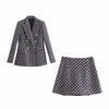 TRAF ZA Women's Suits With Skirt Tweed Plaid Texture Double Breasted Jacket Office Chic High Waist Skirt Female Suits