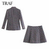 TRAF ZA Women's Suits With Skirt Tweed Plaid Texture Double Breasted Jacket Office Chic High Waist Skirt Female Suits