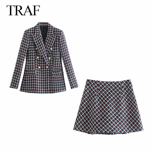 TRAF ZA Women's Suits With Skirt Tweed Plaid Texture Double Breasted Jacket Office Chic High Waist Skirt Female Suits