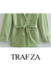 TRAF ZA Women's Vintage Bow Belt Blazer Coat Solid Casual Versatile Long Sleeve Double Breasted Jackets Female Blazers