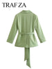 TRAF ZA Women's Vintage Bow Belt Blazer Coat Solid Casual Versatile Long Sleeve Double Breasted Jackets Female Blazers