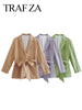 TRAF ZA Women's Vintage Bow Belt Blazer Coat Solid Casual Versatile Long Sleeve Double Breasted Jackets Female Blazers