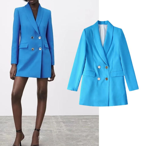 TRAF ZA&ree 2023 Autumn Women Solid Blazer Coats Double Breasted Jacket Vintage Long Sleeve Female Outerwear Chic Notched Tops