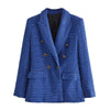 TRAF Za 2022 Blue Blazer Women Long Sleeve Textured Double Breasted Loose Blazers Woman Plaid Coat Female Blazer Set