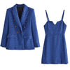 TRAF Za 2022 Blue Blazer Women Long Sleeve Textured Double Breasted Loose Blazers Woman Plaid Coat Female Blazer Set