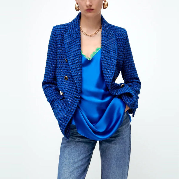 TRAF Za 2022 Blue Blazer Women Long Sleeve Textured Double Breasted Loose Blazers Woman Plaid Coat Female Blazer Set