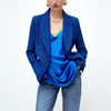 TRAF Za 2022 Blue Blazer Women Long Sleeve Textured Double Breasted Loose Blazers Woman Plaid Coat Female Blazer Set
