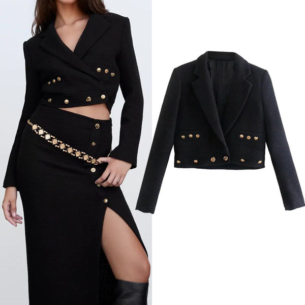 TRAF Za Black Blazer Women Button Cropped Blazer Woman Long Sleeve Short Jacket Autumn 2022 Double Breasted Jacket