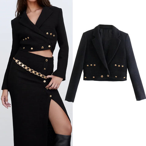 TRAF Za Black Blazer Women Button Cropped Blazer Woman Long Sleeve Short Jacket Autumn 2022 Double Breasted Jacket