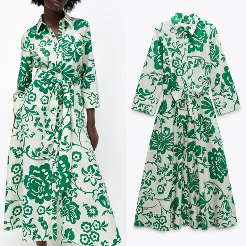 TRAF Za Green Long Dress Women Summer 2022  Print Shirt Dress Woman Belt Button Up Midi Dresses Vintage Casual Dresses