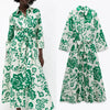 TRAF Za Green Long Dress Women Summer 2022  Print Shirt Dress Woman Belt Button Up Midi Dresses Vintage Casual Dresses