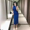 TRAF Za Pleated Dress Woman Blue Slip Dress Women Backless Ruched Summer Dresses 2022 Sleeveless Slim Sexy Party Dresses