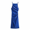 TRAF Za Pleated Dress Woman Blue Slip Dress Women Backless Ruched Summer Dresses 2022 Sleeveless Slim Sexy Party Dresses