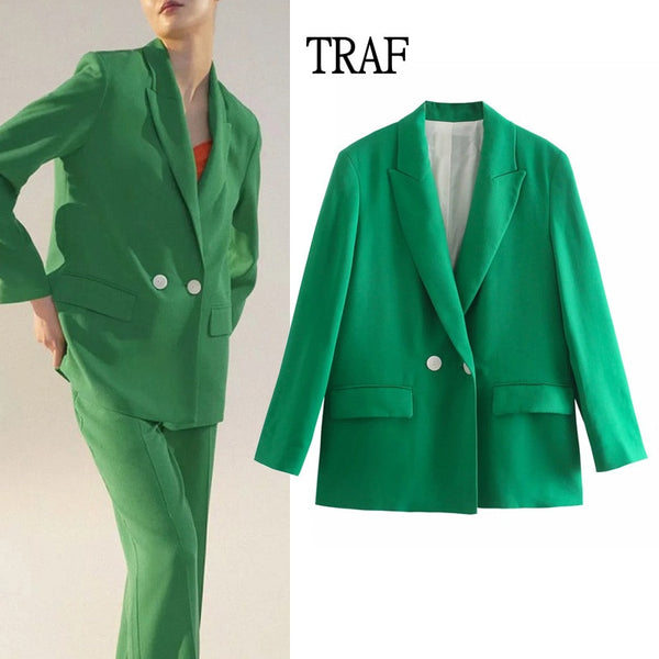 TRAF Za Woman 2022 Women's Suit Blazer Double Breasted Green Blazer Coat Office Lady Long Sleeve Casual Female Outerwear