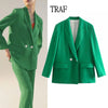 TRAF Za Woman 2022 Women's Suit Blazer Double Breasted Green Blazer Coat Office Lady Long Sleeve Casual Female Outerwear