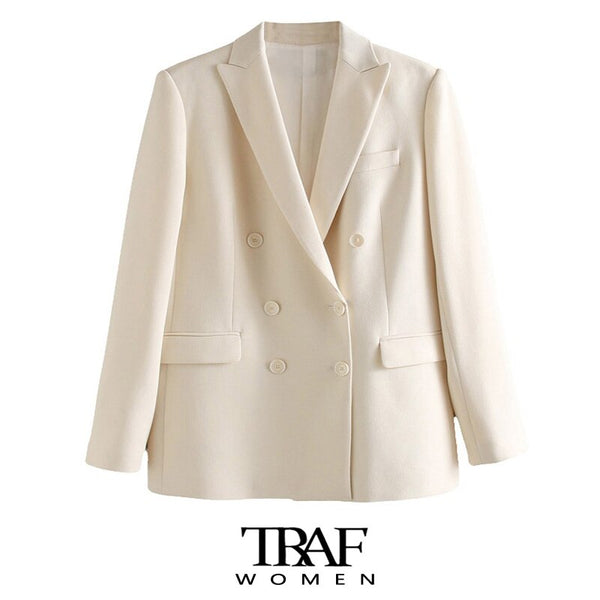 TRAF Za Women Office Wear Double Breasted Blazer Coat Vintage Long Sleeve Pockets Female Outerwear Chic Tops