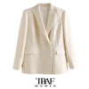 TRAF Za Women Office Wear Double Breasted Blazer Coat Vintage Long Sleeve Pockets Female Outerwear Chic Tops
