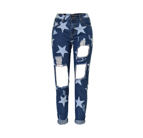 TREND-SetteR 2022 Summer Big Hole Jeans for Women With Five-pointed Star Ripped Jeans Light Blue Denim Pants Boyfriend Jeans