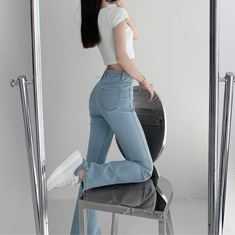 TVVOVVIN Korean Elasticity Split Distressed Jeans Women High Street Casual Washed Denim Bodycon Pants 9WYP