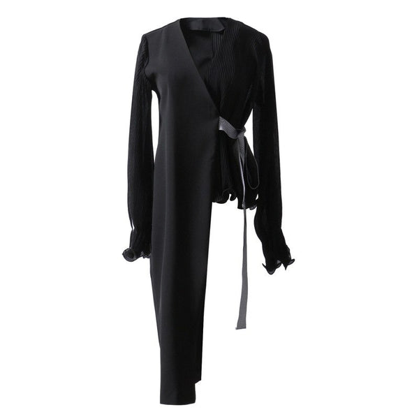 Asymmetrical Blazer Female Chiffon Patchwork V Neck Lantern Sleeve Lace Up High Waist Coat Women 2022 Spring Thin