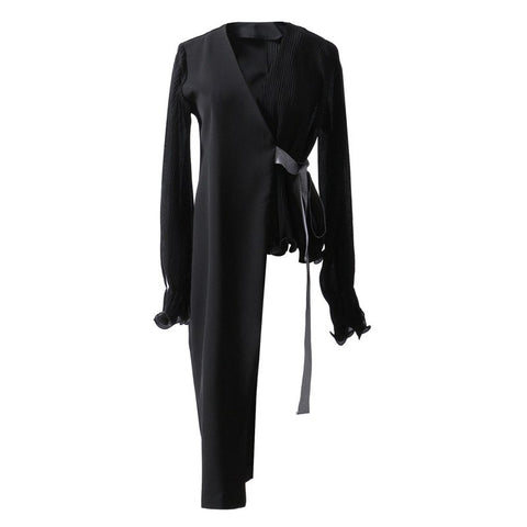 Asymmetrical Blazer Female Chiffon Patchwork V Neck Lantern Sleeve Lace Up High Waist Coat Women 2022 Spring Thin