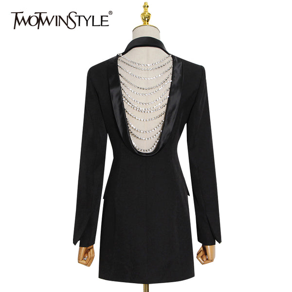 TWOTWINSTYLE Backless Chain Black Blazers Buttons Sexy Slim Notched Long Sleeve Coats Female 2023 Spring Women Clothing
