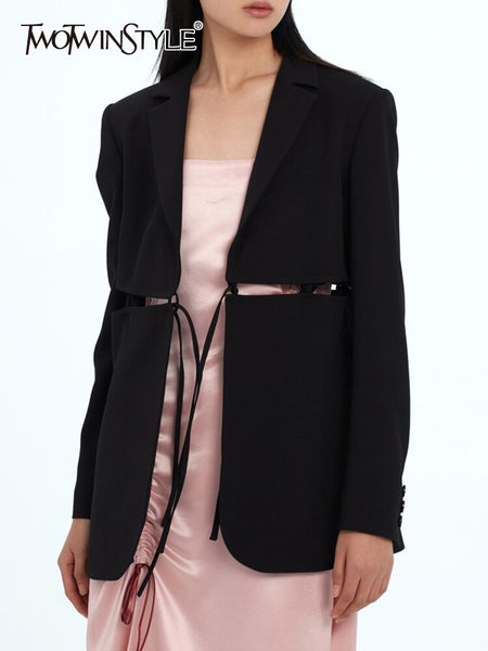TWOTWINSTYLE Bandage Blazer For Women Notched Collar Long Sleeve Solid Minimalist Blazers Female Clothing Clothing Style