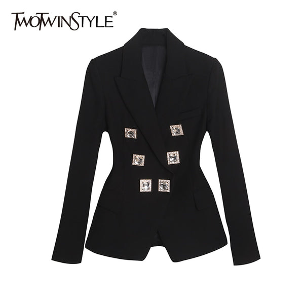 TWOTWINSTYLE Black Patchwork Diamond Blazer For Women Notched Long Sleeve Tunic Casual Blazers Female Clothing 2023