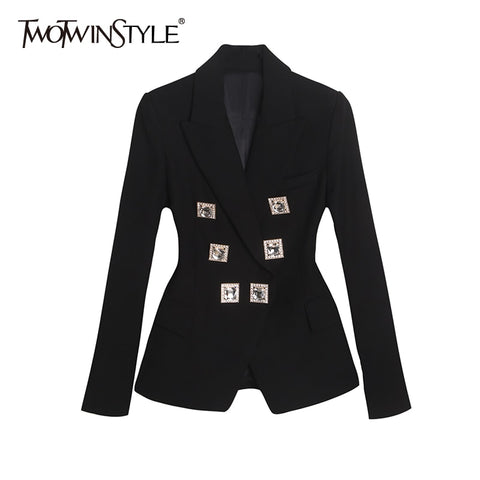 TWOTWINSTYLE Black Patchwork Diamond Blazer For Women Notched Long Sleeve Tunic Casual Blazers Female Clothing 2023