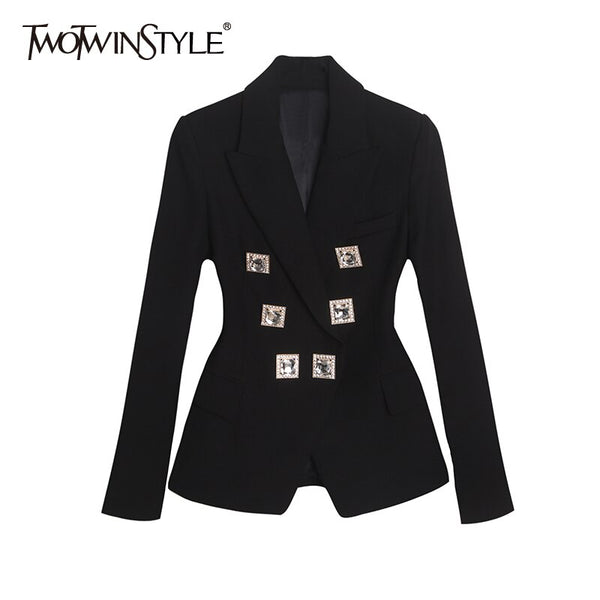 TWOTWINSTYLE Black Patchwork Diamond Blazer For Women Notched Long Sleeve Tunic Casual Blazers Female Clothing 2022