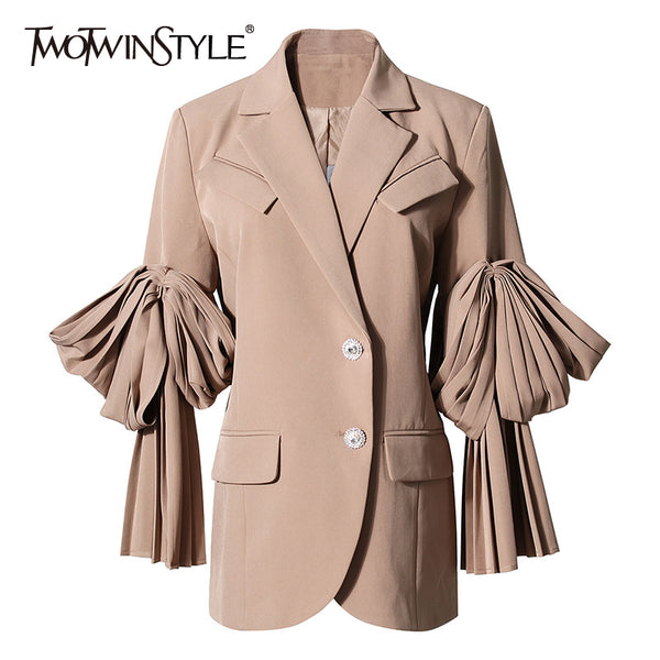 TWOTWINSTYLE Black Patchwork Ruffle Blazer For Women Notched Long Sleeve Korean Casual Blazers Female Clothing 2023