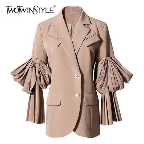TWOTWINSTYLE Black Patchwork Ruffle Blazer For Women Notched Long Sleeve Korean Casual Blazers Female Clothing 2023