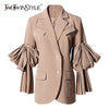 TWOTWINSTYLE Black Patchwork Ruffle Blazer For Women Notched Long Sleeve Korean Casual Blazers Female Clothing 2023